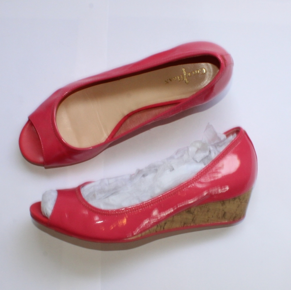Cole Haan Pink Patent Leather Peep-Toe Wedges with Cork Heel - Picture 2 of 16